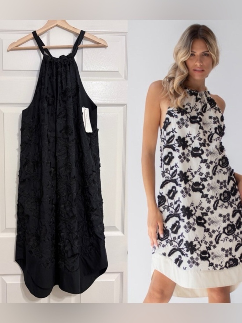 Psophia Poplin Cotton 3D Floral Embroidered Halter Neck Trapeze Midi Dress NWT M